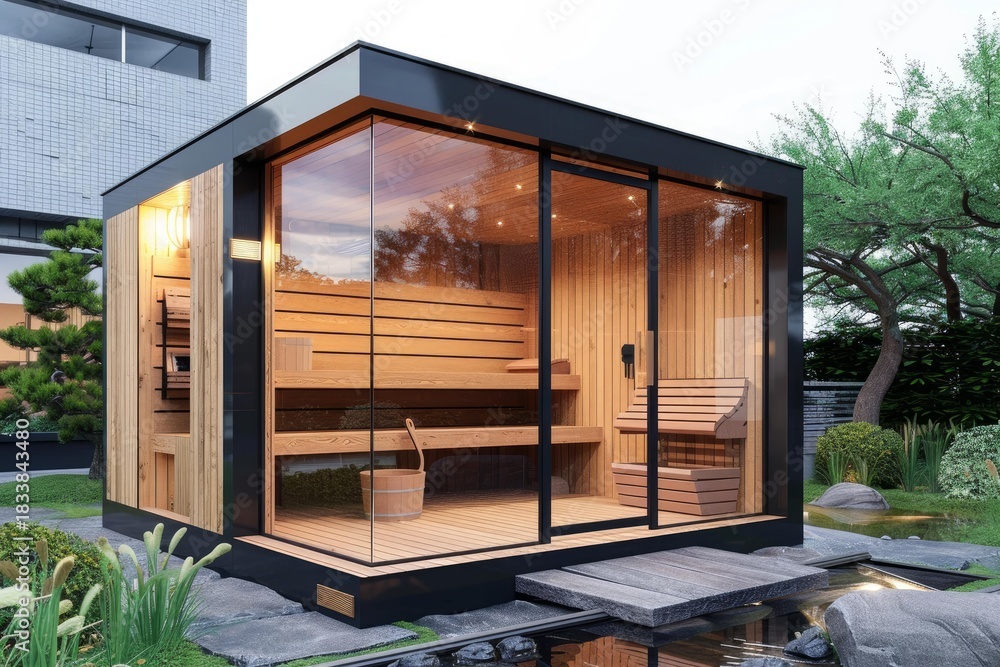 Obraz premium Luxurious sauna made of glass and wood in a peaceful garden setting, offering a tranquil wellness experience