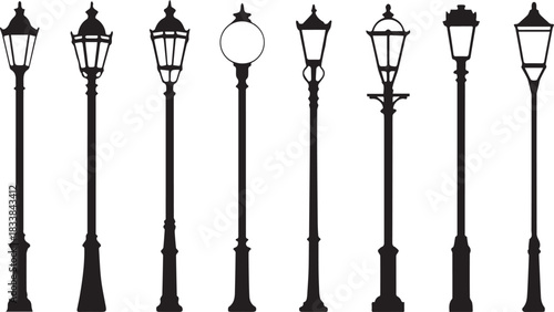Elegant silhouette collection of vintage street lamps for architectural design