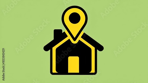 Black and yellow house icon with a location pin on a light green background