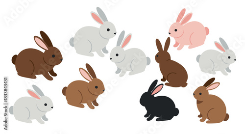 Colorful isometric rabbits collection: brown, white, pink, black