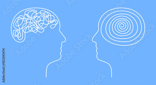 Mental health concept showing tangled brain lines transforming into order. Stress therapy illustration with chaotic scribbles becoming untangled through mentorship and psychological support.
