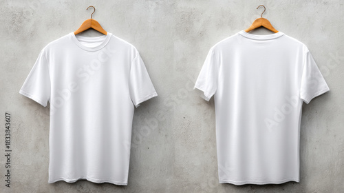 Blank white t-shirt shown from front and back on a wooden hanger. A clean white t-shirt is displayed from both the front and back views. perfect for design mockups.