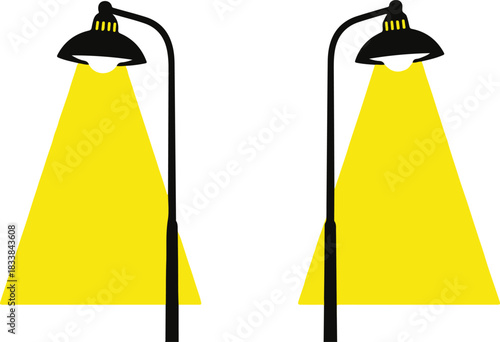 Two street lamps casting yellow light on a white background