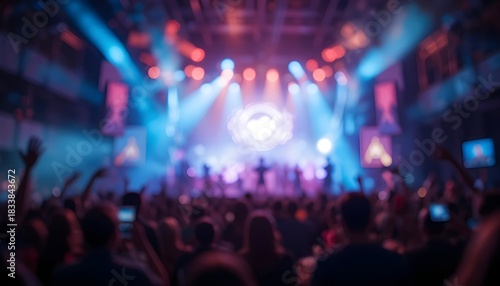 Abstract blurred concert lighting background with vibrant colorful illumination, soft bokeh glow, energetic stage atmosphere design