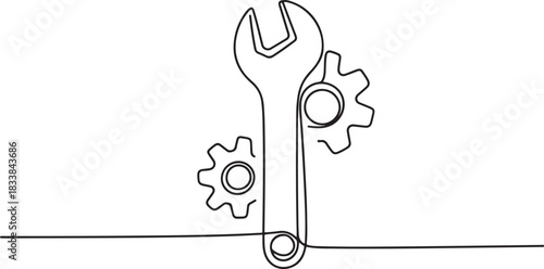 Continuous line drawing of wrench with gears. One line of mechnical wrench. Worker tool concept continuous line art. Editable outline. one line Icon drawing