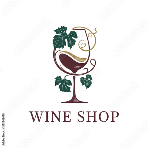 Elegant Wine Shop Logo with Grape Leaves and Ornate Glass Design