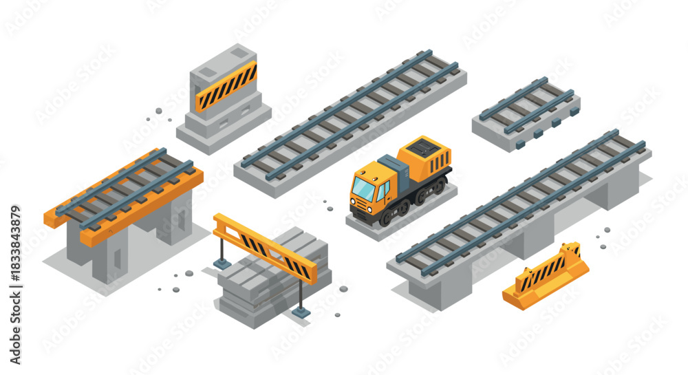 Obraz premium Isometric construction elements with train tracks and safety barriers