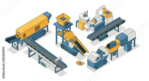 Isometric industrial machinery set with conveyor belts and processing equipment