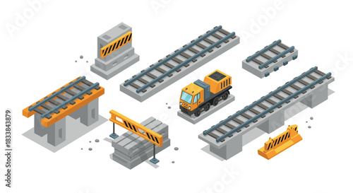 Isometric construction elements with train tracks and safety barriers