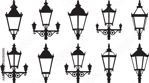 Collection of vintage street lamp silhouettes on white background