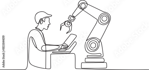 Continuous single line drawing of a man operating a factory machine with a robotic system. one line Icon drawing
