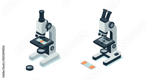Modern isometric microscopes on white background for scientific research and education