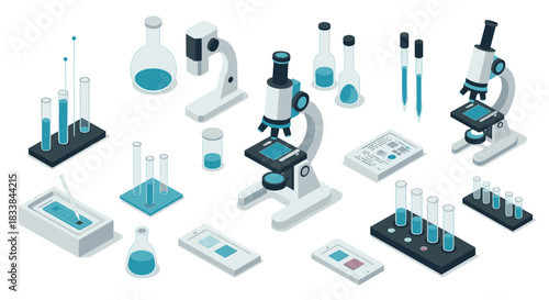 Isometric laboratory equipment on white background featuring microscopes and test tubes