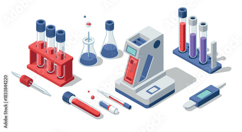Isometric laboratory equipment with test tubes and beakers on white background