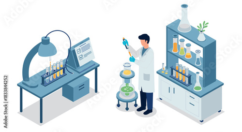 Isometric laboratory scientist working with test tubes and equipment