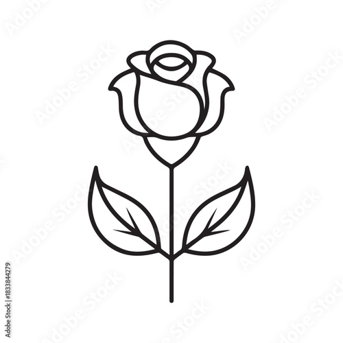 Rose flower black outline icon natural style green leaf celebration design.
