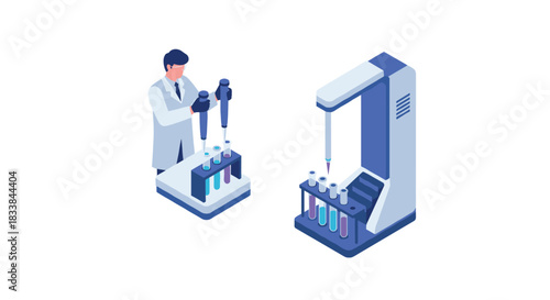 Scientist using laboratory equipment and automated machine in isometric style