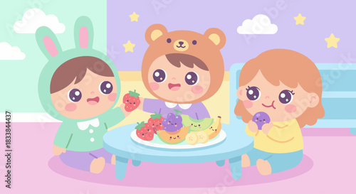 “Adorable kawaii kids sharing fruit snacks at a small pastel table, big eyes, round shapes, happy and friendly mood.” flat vector style solid colour