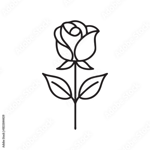 Rose flower black outline icon natural style green leaf celebration design.