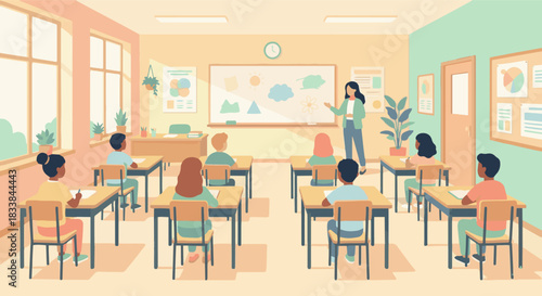 “Students sitting at individual desks in a bright classroom, teacher standing at the front, clean flat style, warm pastel palette.”
