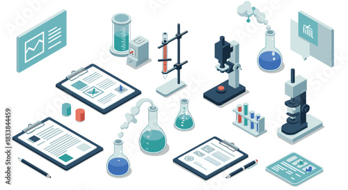 Isometric laboratory equipment setup with chemistry and research tools