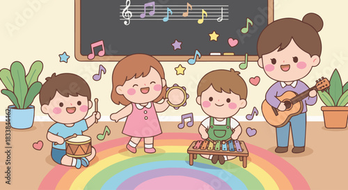 “Kawaii music class with children playing tiny drums and tambourines, pastel sound notes floating, cheerful faces.”  flat vector style solid colour
