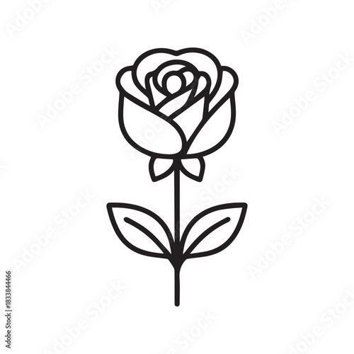 Rose flower black outline icon natural style green leaf celebration design.