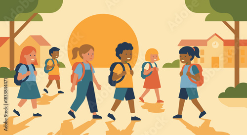 “Flat vector illustration of primary school kids walking to school with backpacks, warm morning light, simple geometric shapes, minimal background.”