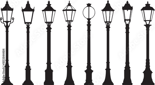 Collection of vintage street lamp silhouettes on white background