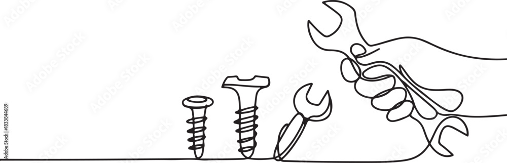 Fototapeta premium Screw, nail, bolt one line art. Continuous line drawing of repair, professional, hand, people, concept, support, maintenance, Bolt continuous one line drawing vector. one line Icon drawing