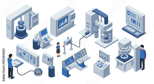 Isometric industrial automation and technology equipment with engineers in modern factory setting
