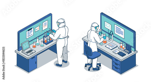 Scientists in protective gear conducting experiments in modern laboratory setting