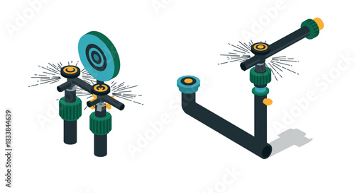 Isometric plumbing tools set with pipes and sprinkler system for home improvement projects