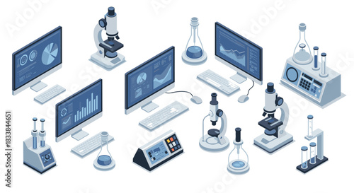 High-tech laboratory equipment in isometric style for scientific research and data analysis