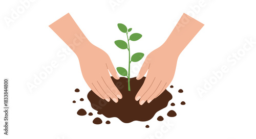 Hands planting seedling in soil: flat design symbol of growth and nurturing