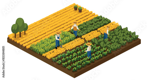 Isometric farming with farmers working on diverse crops in a field
