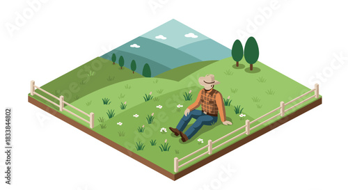 Isometric countryside scene with relaxing cowboy in green hills