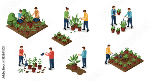 Isometric urban gardening: diverse activities and plant care in community spaces