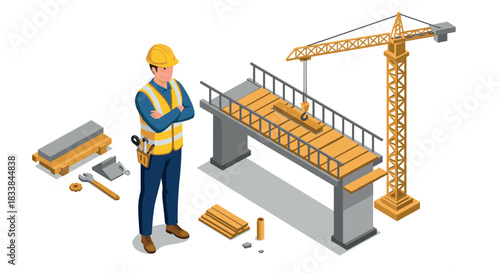 Isometric construction scene with engineer and crane on bridge project