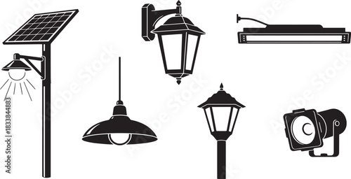 Collection of various outdoor lighting fixtures in black and white illustration