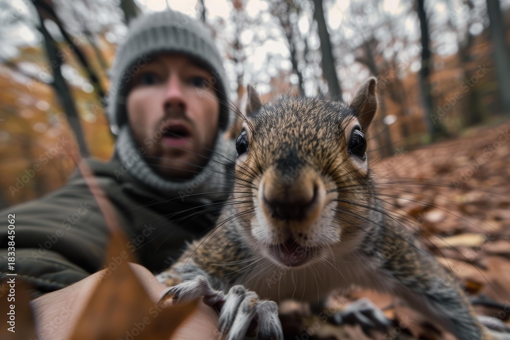 Fototapeta premium Close up of a curious squirrel interacting with a surprised photographer taking a selfie in a forest during autumn
