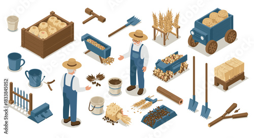 Traditional farming isometric scene with farmers, tools, and harvest elements