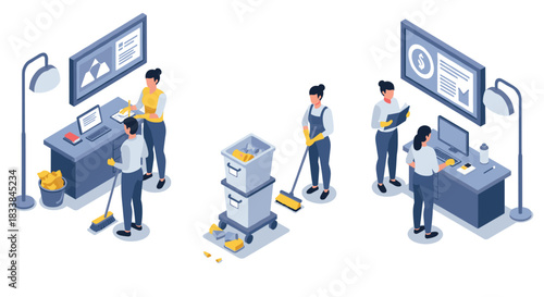 Isometric office workflow with business charts and cleaning activities