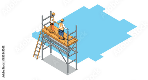 Construction workers on scaffolding in isometric style with safety equipment