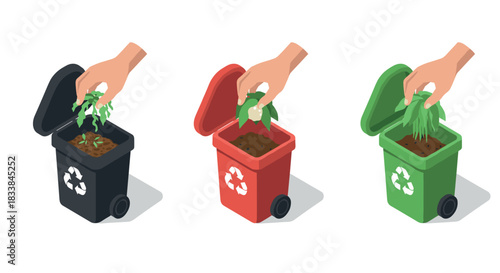 Isometric recycling bins with human hands sorting organic waste illustration