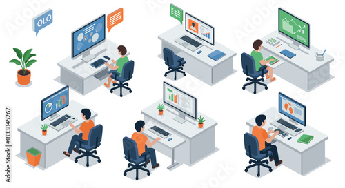 Isometric office workers analyzing data on computers in modern workspace