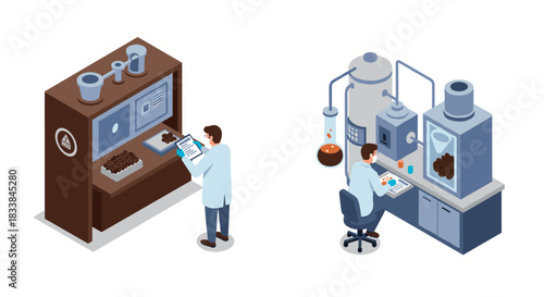 Isometric lab scene: scientists analyzing chocolate composition and production process