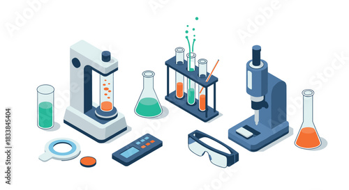 Isometric laboratory equipment with microscope and test tubes for scientific research
