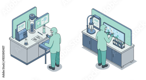 Isometric laboratory scene with scientists conducting experiments in modern lab