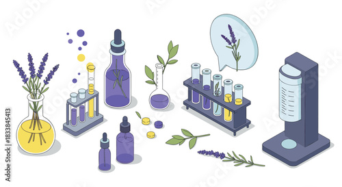 Isometric lavender-inspired scientific laboratory equipment with glassware and botanical elements